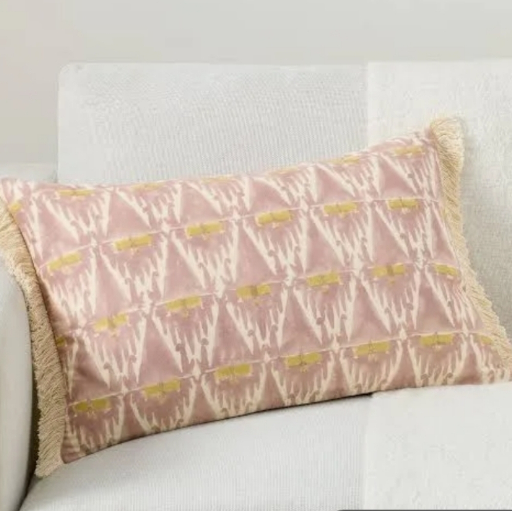 NEW With Tags Pottery Barn Eden Blush/Gold Ikat Throw Pillow 16x26”  Fringe